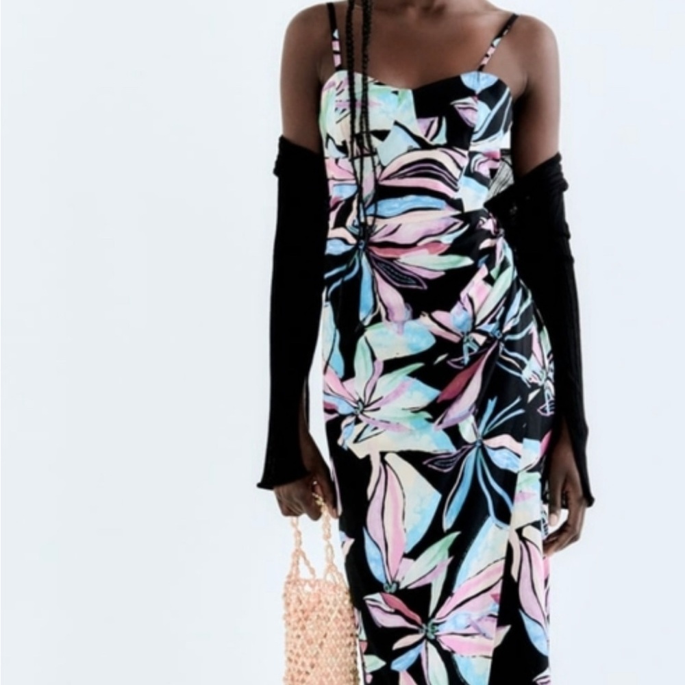 Zara Pink and Green Bodycon Midi Dress Spaghetti Strap